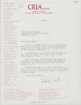 Letter from F. Hartz Cinelli (Chairman Michigan Committee CRIA) to Millard Meiss, with the organizational chart of CRIA and of the Michigan Committee
