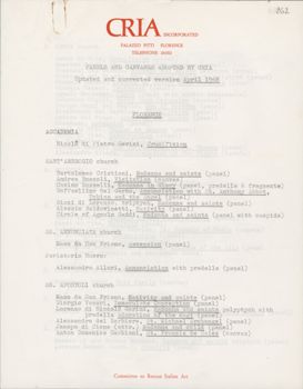 First page from a list of Panels and Canvases adopted by CRIA, in the version of April 1968: the paintings are listed in alphabetical order by location.