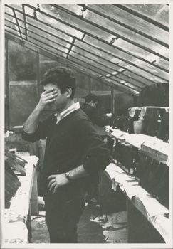 Sheldon Grossman with negatives drying in the greenhouse