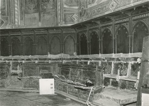 Flood damaged choir stalls in the choir of Santa Croce